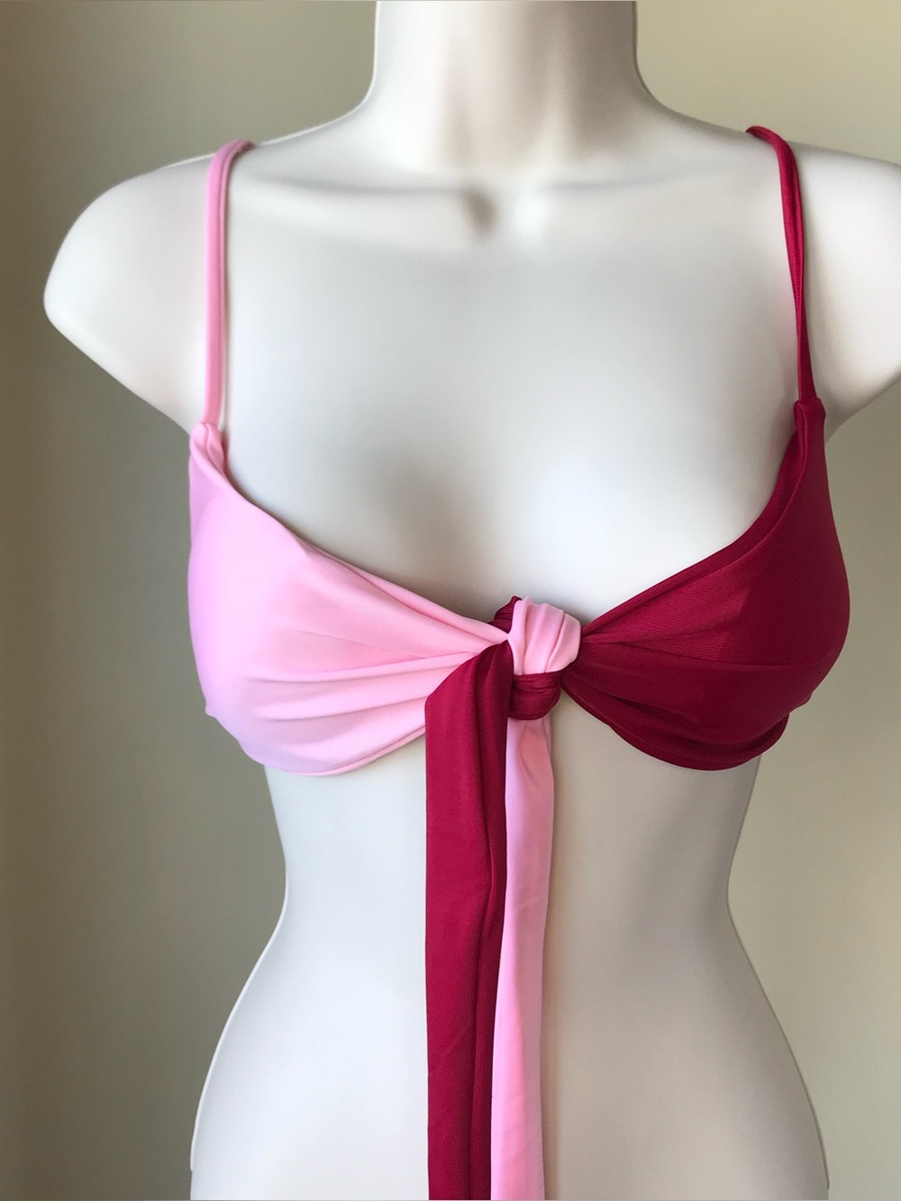ROMWE Pink and Red Tie Front Bikini Top Size L
